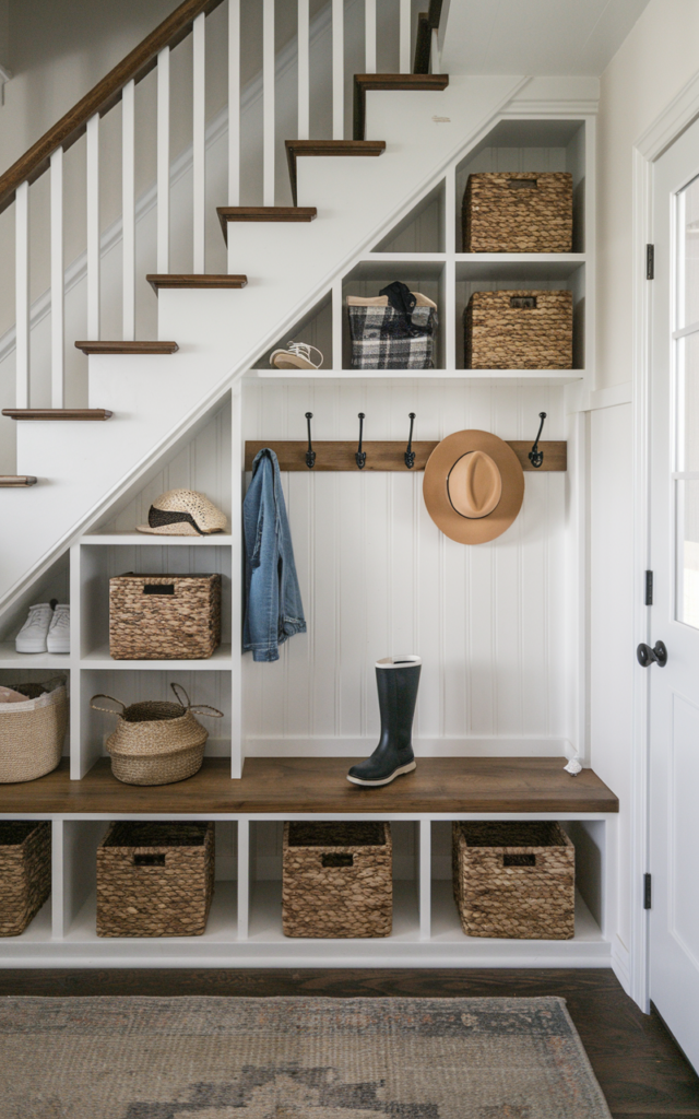 An elegant and natural-looking realistic photograph of an under-stair mudroom-style drop zone with wall hooks, cubbies, woven baskets and a small bench near the entryway, decorated in modern rustic style with natural lighting