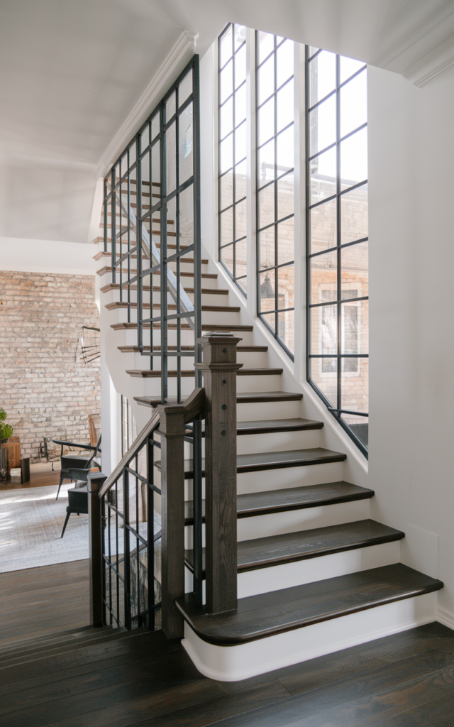 An elegant and natural-looking realistic photograph of a staircase lined with slim black metal-framed windows against crisp white walls and dark wood treads decorated in industrial modern farmhouse style with natural lighting