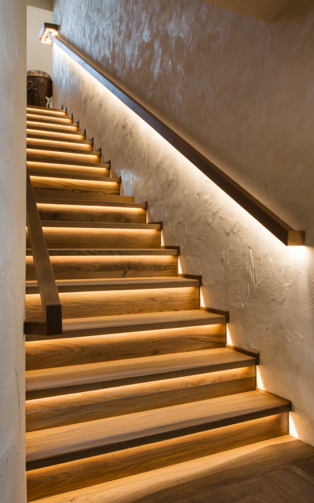 An elegant and natural-looking realistic photograph of a staircase with a wooden handrail featuring soft LED strip lighting installed beneath it casting a warm glow along a textured wall above modern wooden steps decorated in contemporary home decor style with natural lighting