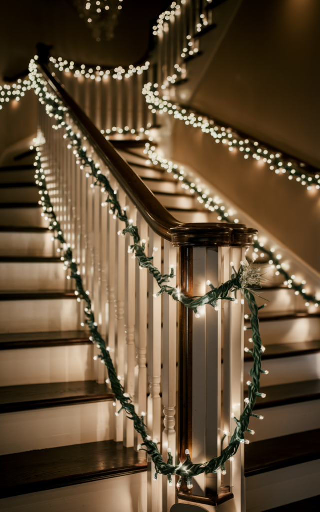 An elegant and natural-looking realistic photograph of a staircase railing wrapped with warm white fairy lights gently spiraling along the banister creating a glowing romantic pathway decorated in cozy romantic wedding style with natural lighting