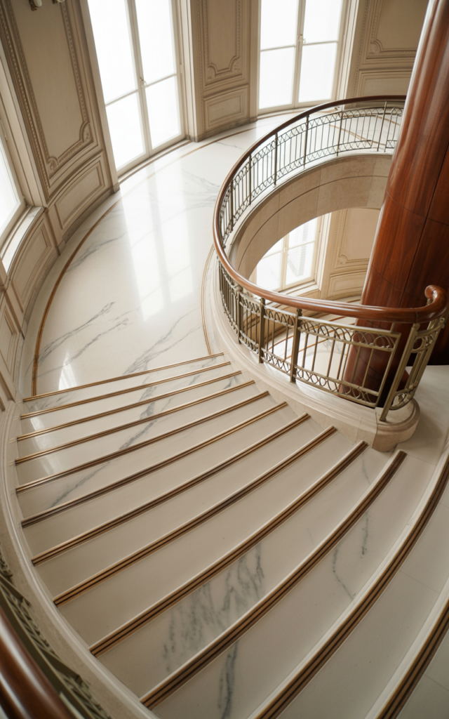 An elegant and natural-looking realistic photograph of a luxurious circular staircase featuring polished white marble treads with soft grey veining and elegant curved railings positioned in a grand hallway decorated in classic luxury interior style with natural lighting