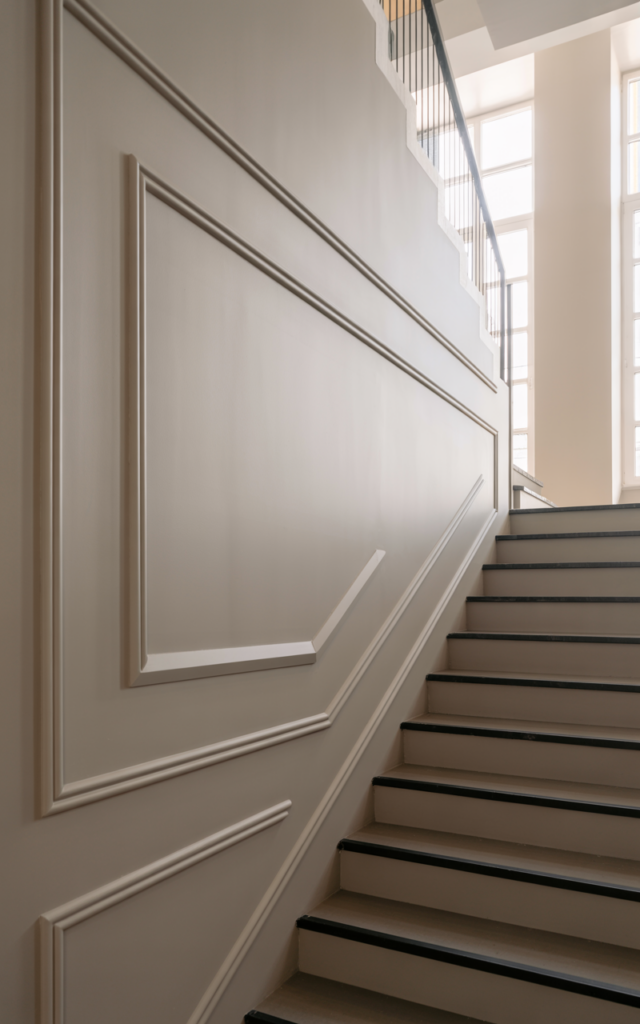 An elegant and natural-looking realistic photograph of a staircase wall featuring thin shadow-gap molding lines forming subtle recessed geometric patterns beside a sleek floating staircase decorated in modern minimalist home decor style with natural lighting