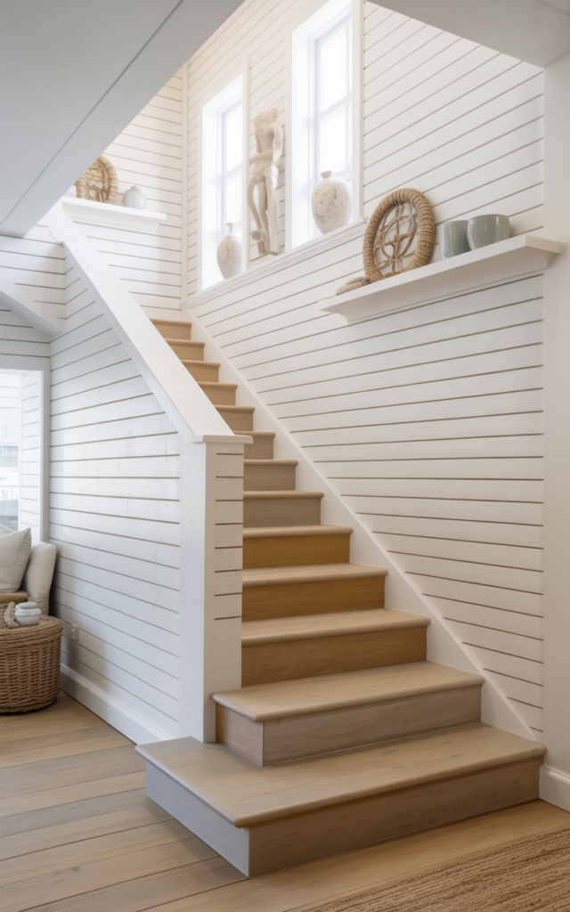 An elegant and natural-looking realistic photograph of a coastal-inspired staircase wrapped in vertical white shiplap walls, pale oak steps and airy decor accents decorated in coastal cottage style with natural lighting