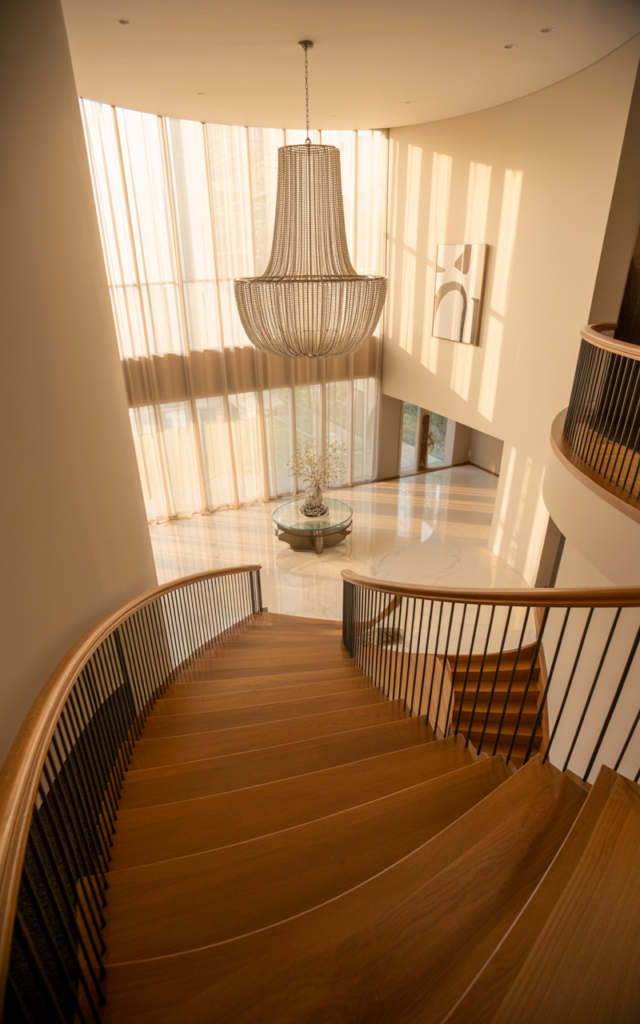 An elegant and natural-looking realistic photograph of a grand oak staircase in a double-height foyer with a dramatic statement chandelier hanging above and sunlight streaming through large windows decorated in modern elegant style with natural lighting