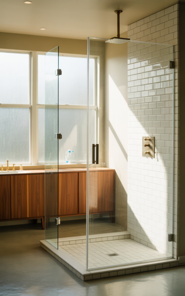 An elegant and natural-looking realistic photograph of a bathroom with a frameless glass shower enclosure and minimal hardware allowing clean uninterrupted views decorated in mid century modern style with natural lighting