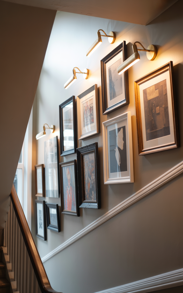 An elegant and natural-looking realistic photograph of a staircase gallery wall filled with framed artwork illuminated by slim picture lights mounted above each frame along the stair slope, creating a curated art display along the staircase, decorated in eclectic modern home decor style with natural lighting