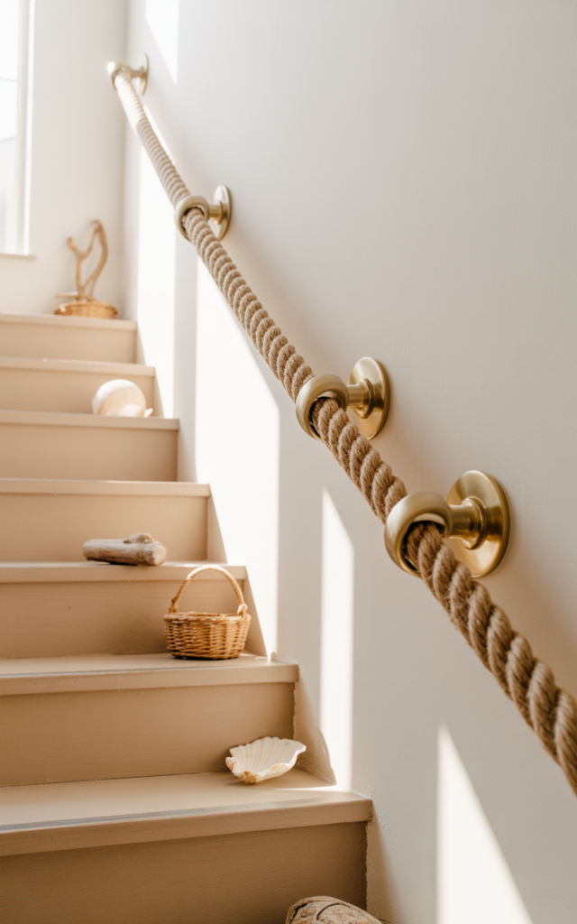 An elegant and natural-looking realistic photograph of a staircase with a thick nautical rope handrail secured with metal hooks along a white wall beside light wooden steps decorated in coastal cottage home decor style with natural lighting