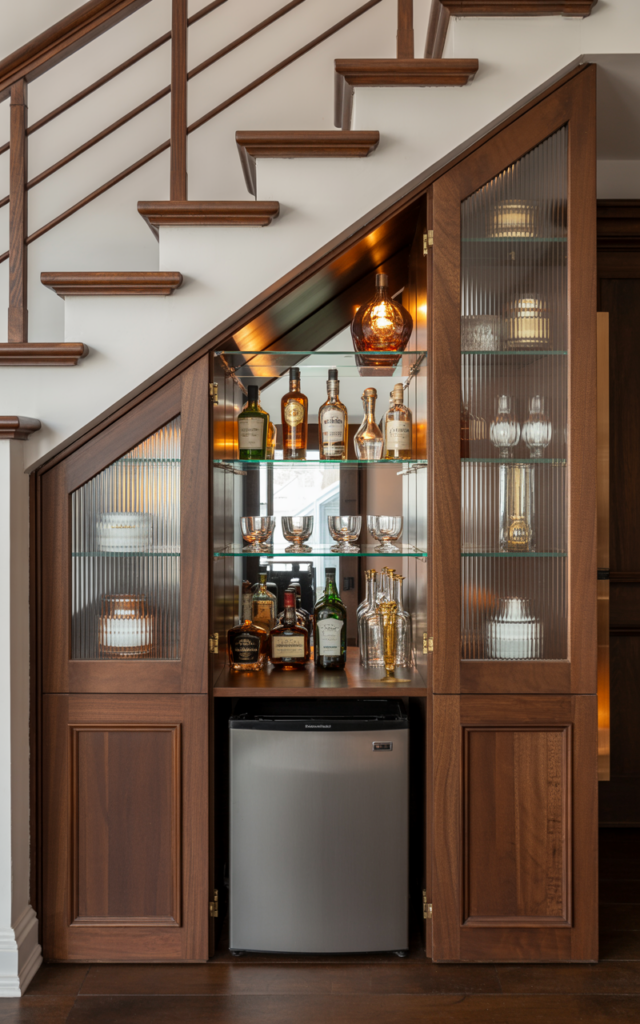 An elegant and natural-looking realistic photograph of an under-stair hidden bar cabinet with paneled doors, interior glass shelves, ribbed glass accents and a mini fridge, decorated in contemporary glam style with natural lighting