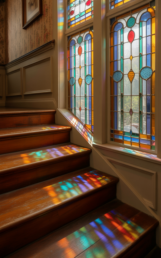 An elegant and natural-looking realistic photograph of a staircase featuring stained glass window panels casting colorful reflections onto wooden steps and cream walls decorated in vintage traditional style with natural lighting
