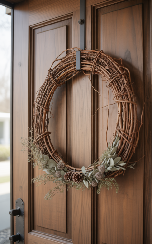 An elegant and natural-looking realistic photograph of a wooden front door featuring a textured grapevine wreath with minimal natural accents and visible organic structure decorated in rustic farmhouse style with natural lighting