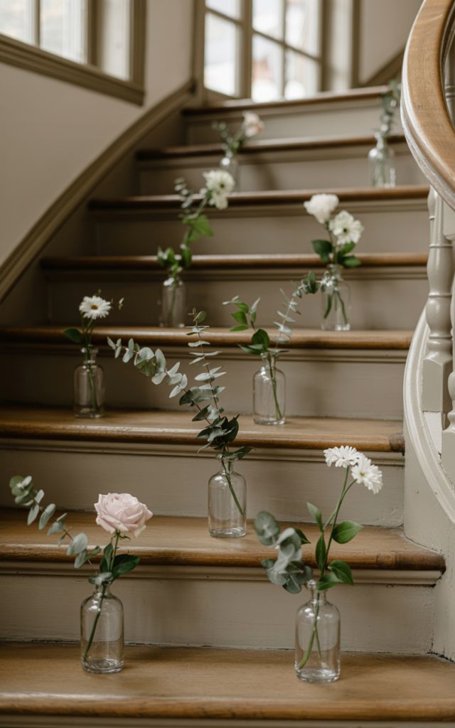 An elegant and natural-looking realistic photograph of a staircase decorated with small glass bud vases placed on every few steps each holding single stems of roses, daisies, and eucalyptus decorated in charming cottage garden wedding style with natural lighting