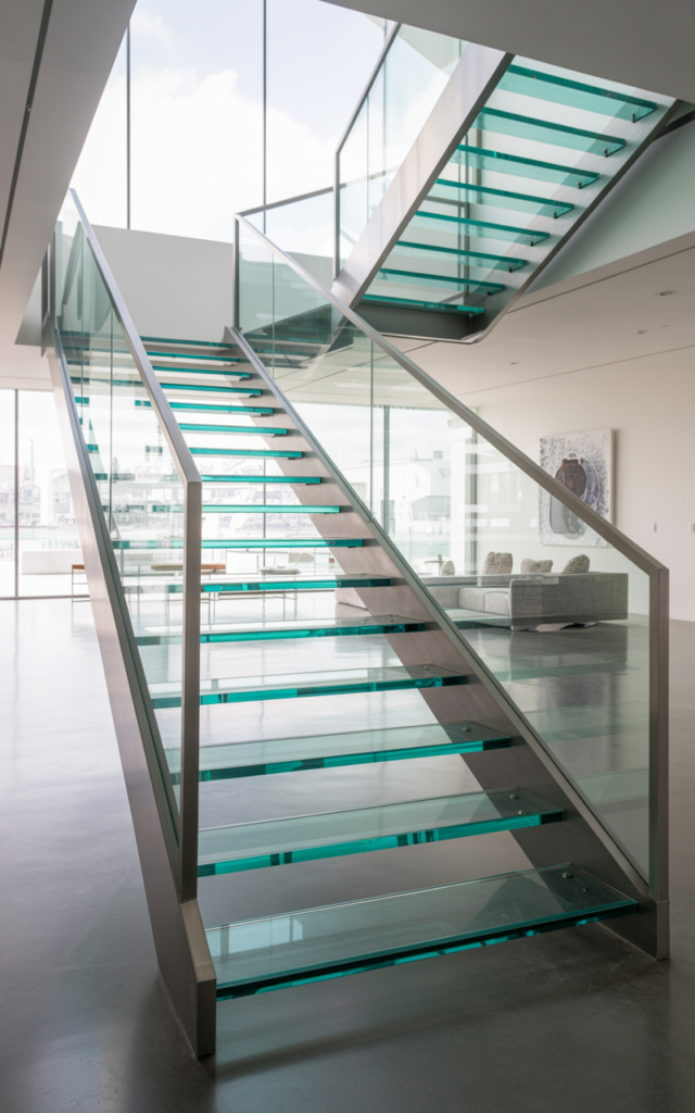 An elegant and natural-looking realistic photograph of a bold glass staircase with transparent treads and sleek metal framing creating a gallery-like effect decorated in ultra-modern style with natural lighting