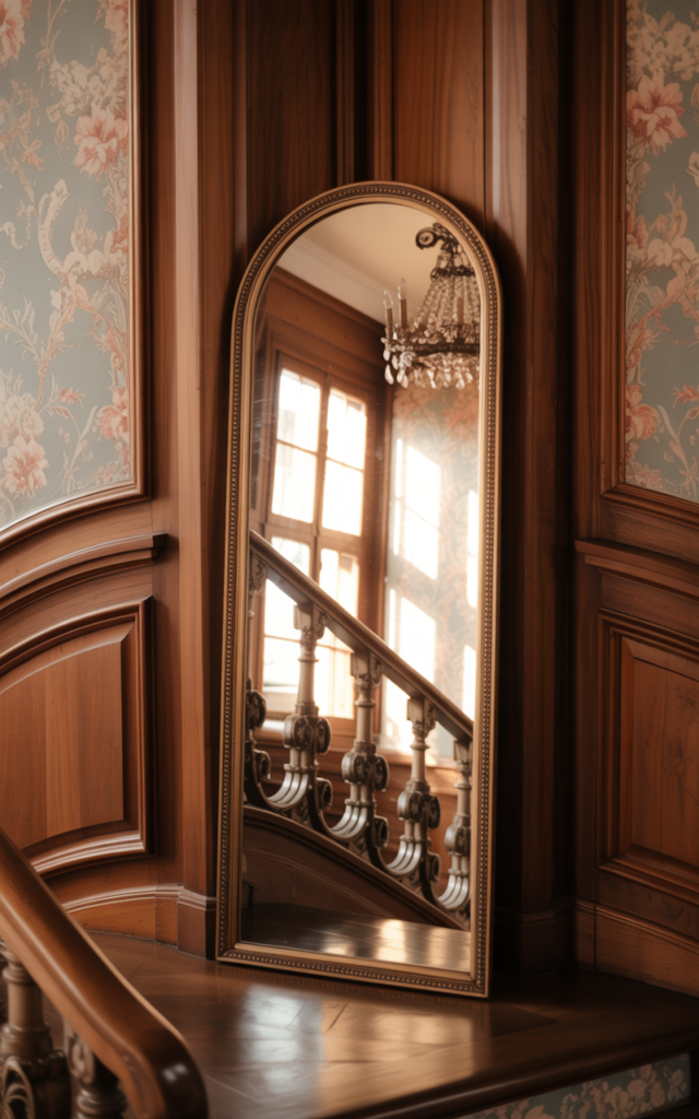 An elegant and natural-looking realistic photograph of a curved staircase landing showcasing a tall arched vintage mirror reflecting light across carved wooden railings and paneled walls decorated in romantic Victorian style with natural lighting