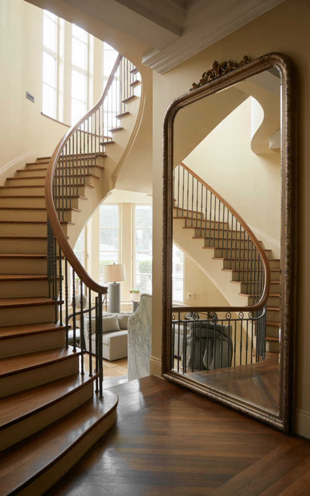 An elegant and natural-looking realistic photograph of a curved staircase foyer with a large statement mirror positioned to reflect the sweeping curve and expand the sense of space decorated in elegant transitional style with natural lighting