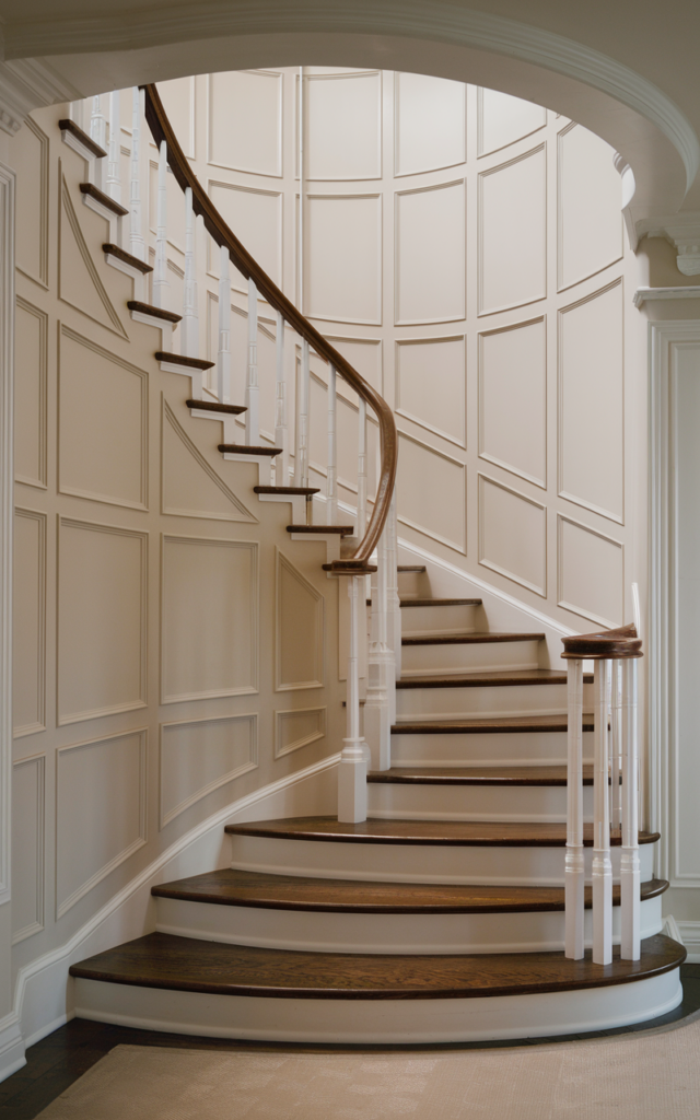 An elegant and natural-looking realistic photograph of a curved staircase foyer with custom wall paneling that mirrors the arc of the stairs, painted in a soft neutral tone for added texture decorated in classic architectural style with natural lighting