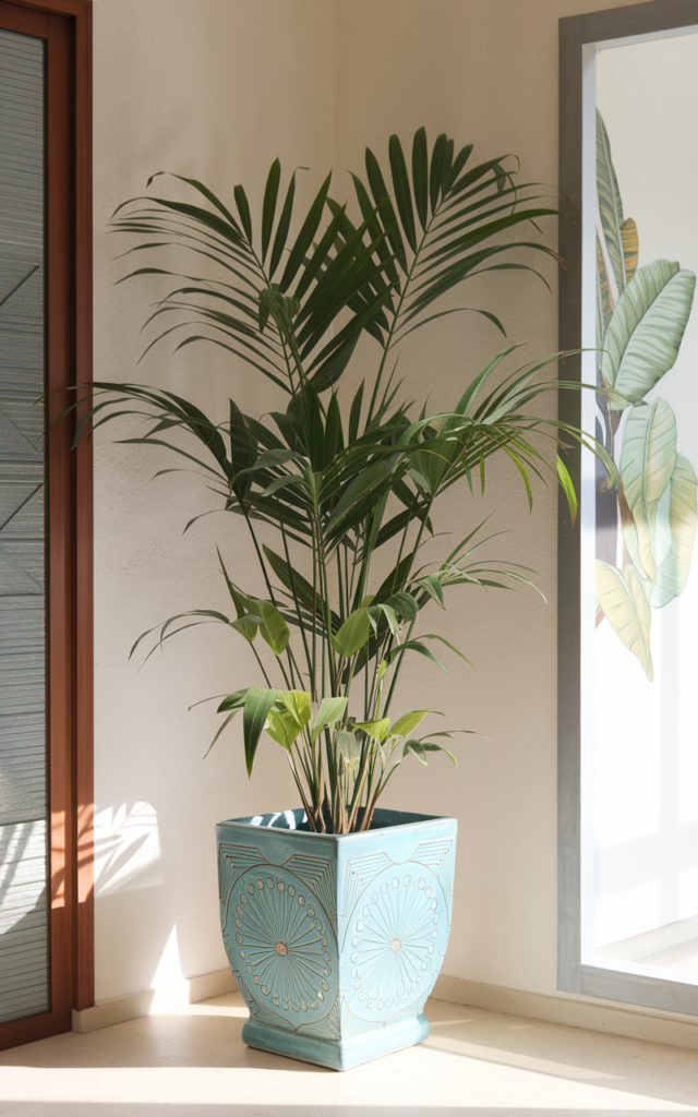 An elegant and natural-looking realistic photograph of a fresh entrance corner with a tall indoor plant in a decorative planter adding greenery and life decorated in tropical modern style with natural lighting