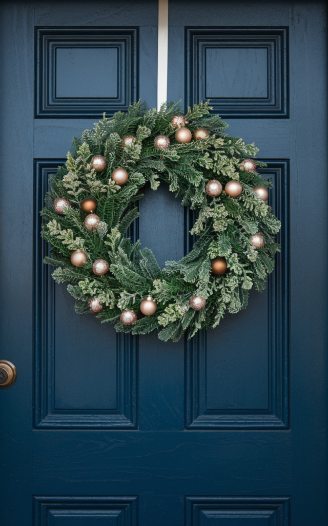 An elegant and natural-looking realistic photograph of a winter front door styled with a green wreath accented with small muted gold and champagne ornaments creating a subtle festive look decorated in transitional seasonal style with natural lighting