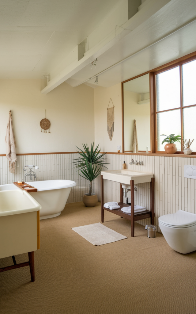 An elegant and natural-looking realistic photograph of a bathroom designed with a neutral base palette of white, beige, and soft gray tones layered with warm wood textures and minimal decor decorated in mid-century modern style with natural lighting