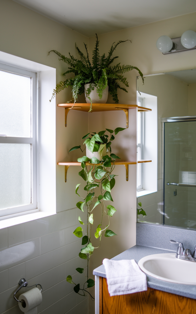 An elegant and natural-looking realistic photograph of a bathroom corner styled with indoor plants including a fern and trailing pothos placed near a window and vanity decorated in mid century modern style with natural lighting