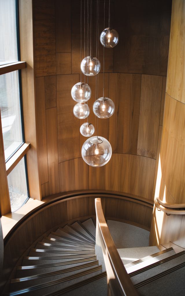 An elegant and natural-looking realistic photograph of a tall stairwell featuring a cluster of hanging globe pendant lights at varying heights above a curved staircase, creating a floating bubble-like lighting sculpture in the space, decorated in mid-century modern interior style with natural lighting