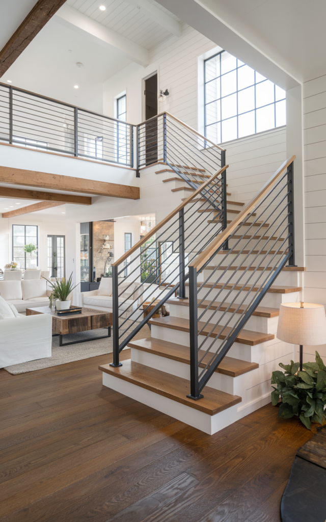 An elegant and natural-looking photograph of a staircase featuring sleek horizontal black metal rails paired with warm oak treads and white walls in an open-concept home decorated in modern farmhouse style with natural lighting