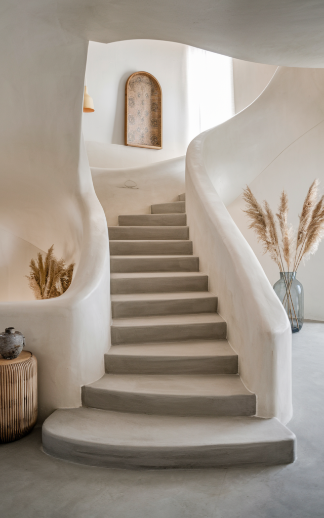 An elegant and natural-looking realistic photograph of a seamless microcement-wrapped staircase with smooth continuous texture and soft neutral tones decorated in modern minimalist European style with natural lighting