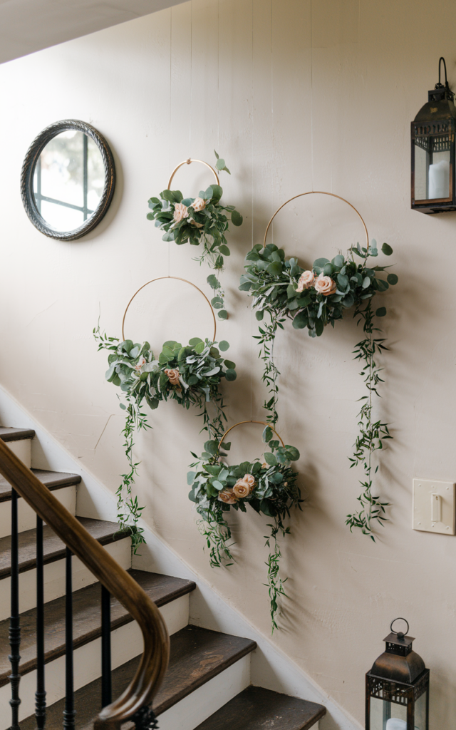 An elegant and natural-looking realistic photograph of a staircase wall decorated with hanging floral hoops filled with greenery and small roses suspended at varying heights beside the stairs decorated in modern minimalist wedding style with natural lighting