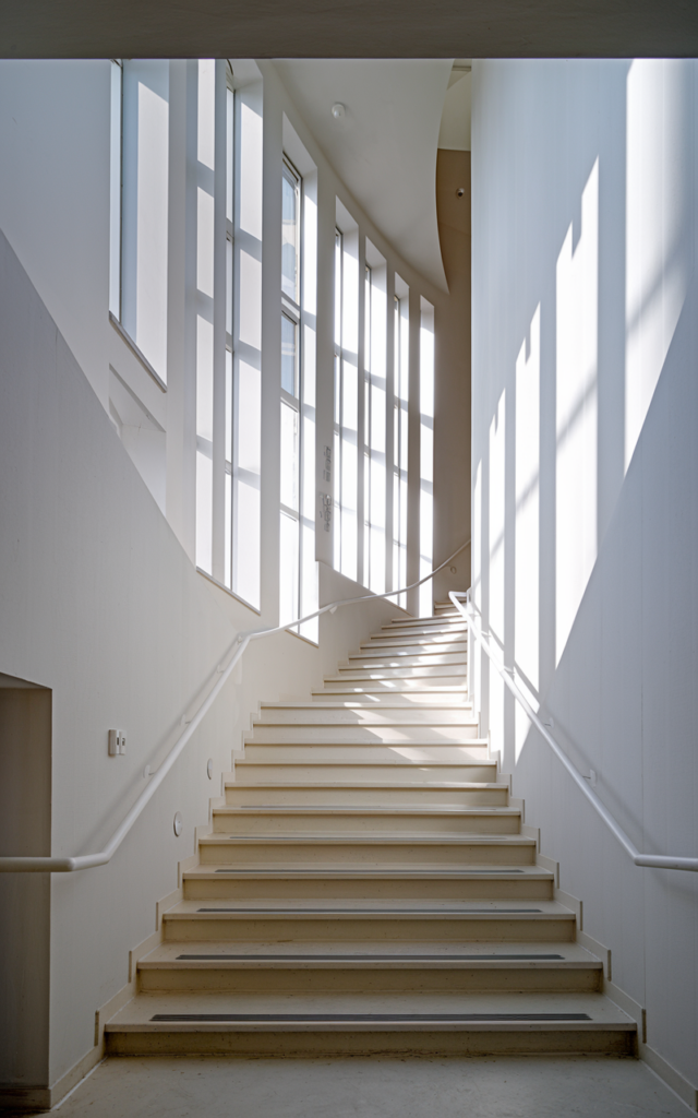 An elegant and natural-looking realistic photograph of a staircase with clerestory windows positioned high along the upper wall, allowing sunlight to wash over clean white walls and minimalist railings decorated in minimalist style with natural lighting