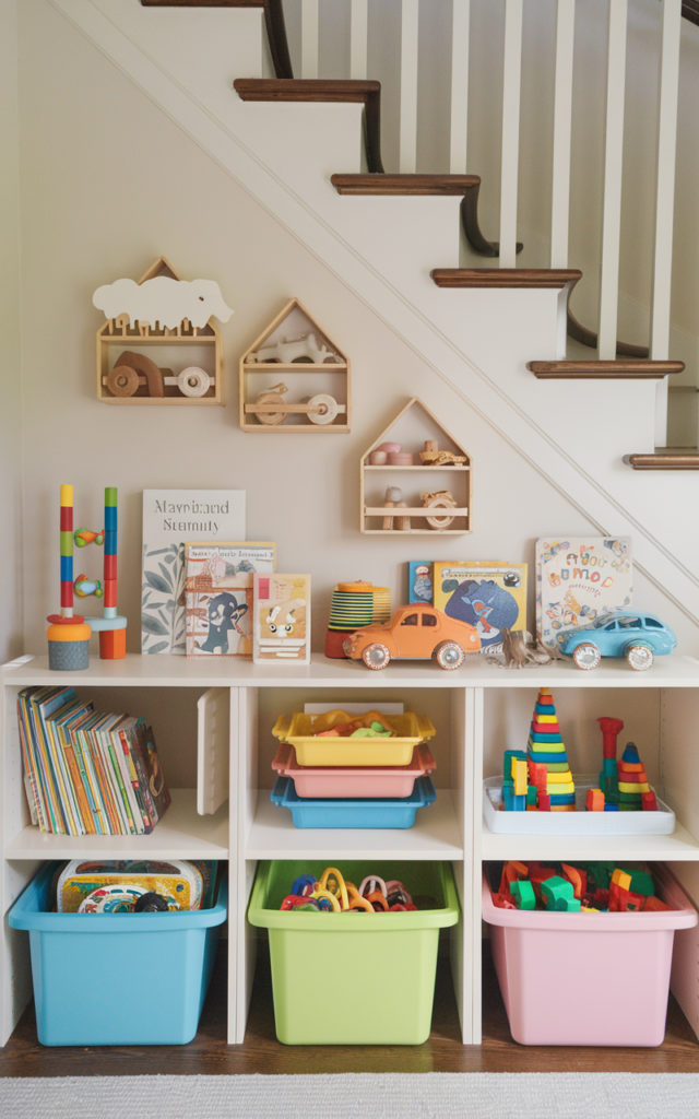 An elegant and natural-looking realistic photograph of a playful under-stair toy storage zone with low open shelves, colorful bins and baskets, children’s books and toys neatly organized under a staircase creating a tidy kids storage corner decorated in cheerful family-friendly Scandinavian decor style with natural lighting
