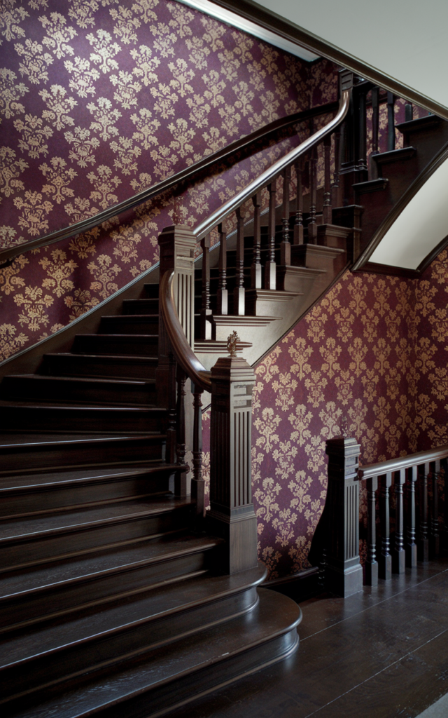 An elegant and natural-looking realistic photograph of a staircase with a statement wall covered in deep-toned damask wallpaper, dark wood steps and classic railing creating a rich backdrop decorated in dramatic Victorian style with natural lighting