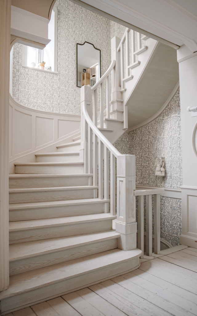An elegant and natural-looking realistic photograph of a whitewashed oak staircase with soft muted grain and airy appearance paired with light neutral walls decorated in Scandinavian style with natural lighting
