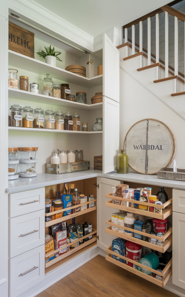 An elegant and natural-looking realistic photograph of an under-stair compact pantry extension with slim cabinets, labeled jars and pull-out baskets for dry goods, decorated in functional modern farmhouse style with natural lighting