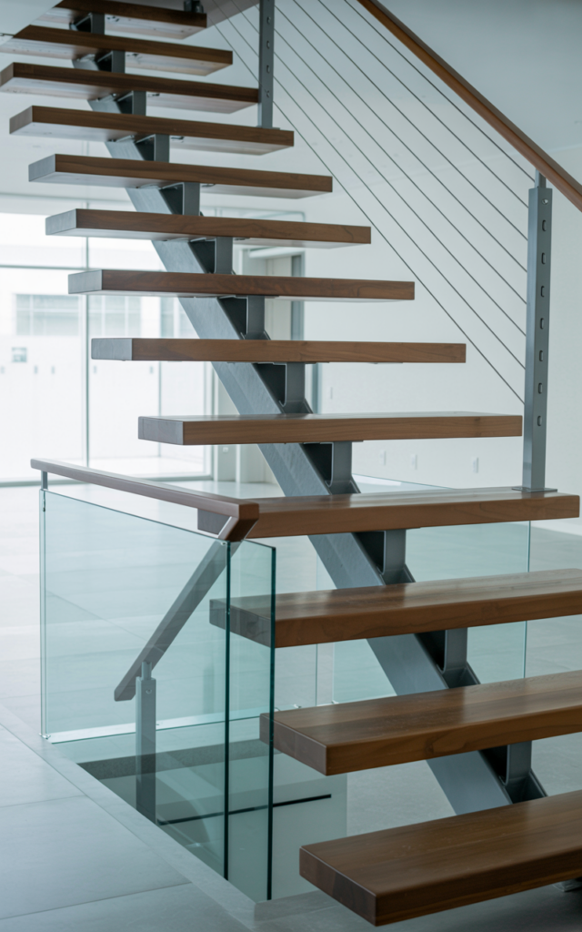 An elegant and natural-looking realistic photograph of a mono-stringer staircase with a single central steel beam supporting slim wooden treads and minimalist railing decorated in contemporary architectural style with natural lighting