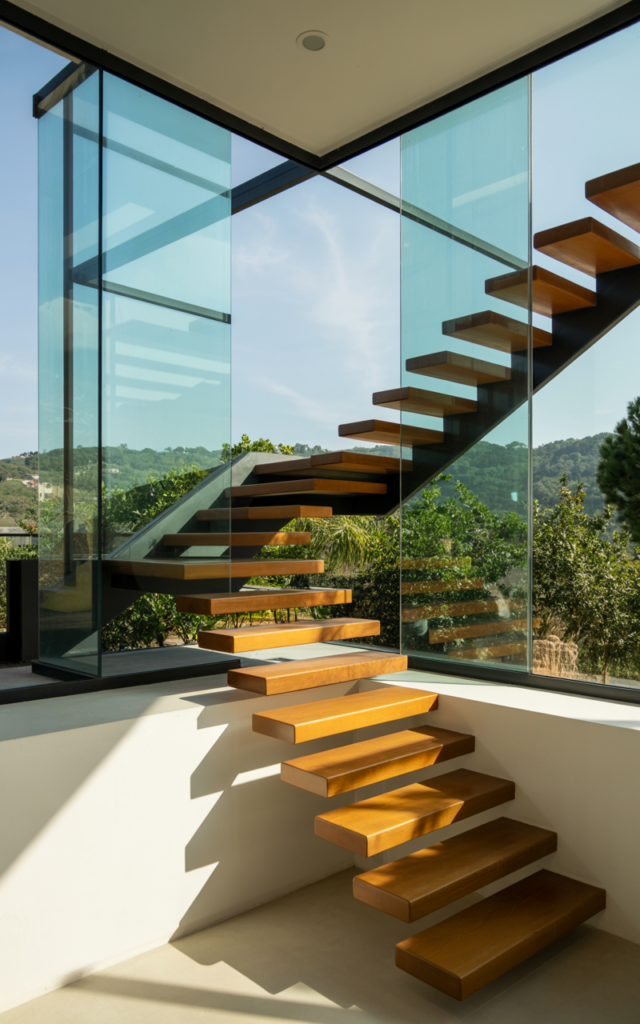 An elegant and natural-looking realistic photograph of a staircase wrapped at the corner with connected glass windows meeting seamlessly, offering expansive outdoor views and floating wood steps decorated in contemporary style with natural lighting