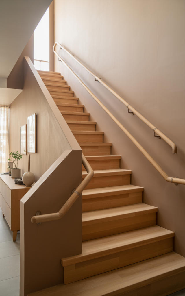 An elegant and natural-looking realistic photograph of a staircase with double wall-mounted handrails at two heights along a neutral wall beside light wood stairs designed for family accessibility decorated in contemporary family-friendly home decor style with natural lighting