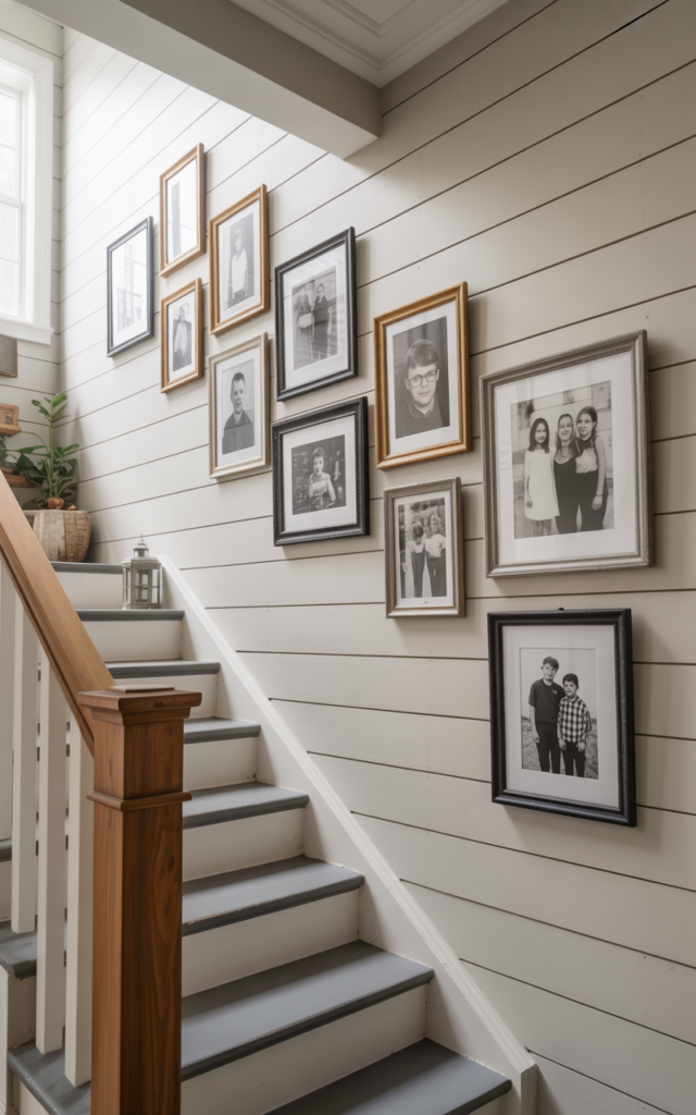 An elegant and natural-looking photograph of a staircase wall styled with a gallery of black-and-white family photos in simple wood and matte black frames arranged along the stair angle decorated in modern farmhouse style with natural lighting