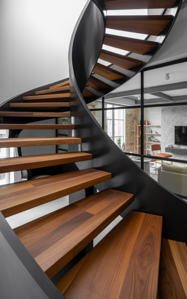 An elegant and natural-looking realistic photograph of a sleek circular staircase combining matte black metal structure with rich walnut wooden treads positioned beside a modern living space decorated in modern industrial interior style with natural lighting