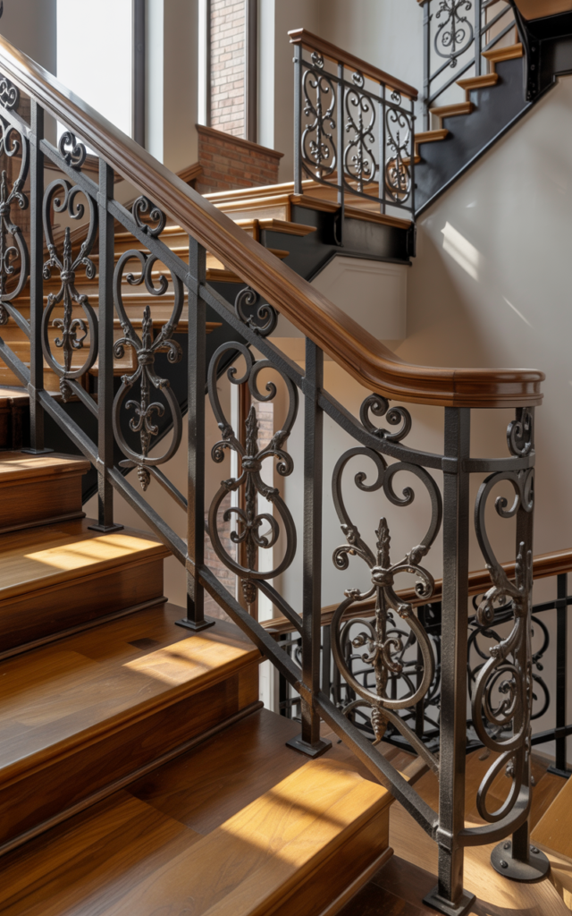 An elegant and natural-looking realistic photograph of a staircase featuring decorative cast iron spindles paired with a dark walnut handrail and polished wood treads decorated in industrial Victorian fusion style with natural lighting