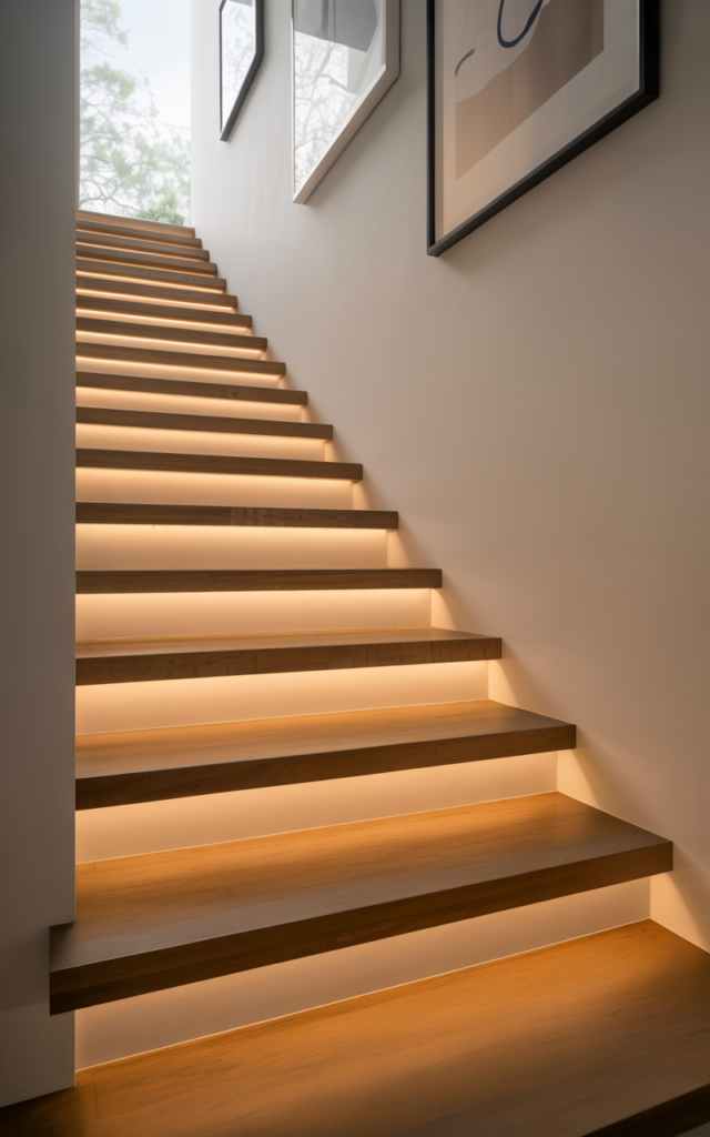 An elegant and natural-looking realistic photograph of a floating staircase with concealed LED strip lighting installed beneath each tread casting a soft glow along a neutral wall decorated in contemporary modern style with natural lighting