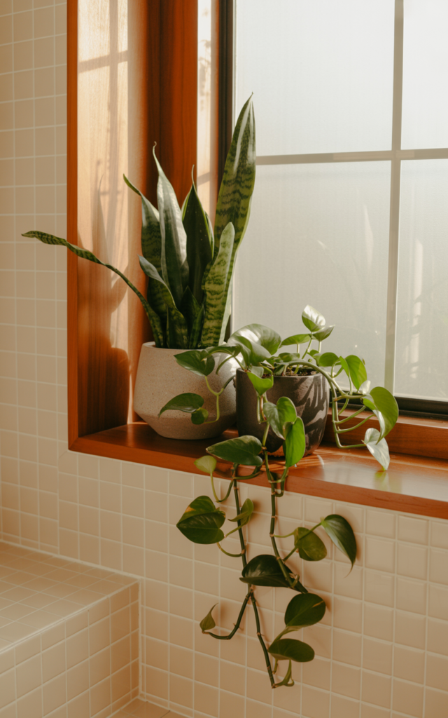 An elegant and natural-looking realistic photograph of a bathroom corner with indoor plants like snake plant and pothos placed near a window, paired with neutral tiles and wood accents decorated in mid-century modern style with natural lighting