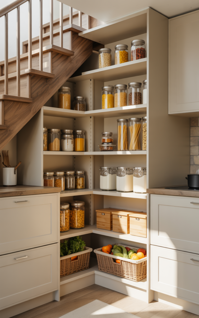 An elegant and natural-looking realistic photograph of a compact under-stair mini pantry with adjustable shelves storing jars, dry foods, and airtight containers neatly arranged beneath a staircase near the kitchen decorated in practical modern kitchen-adjacent storage decor style with natural lighting
