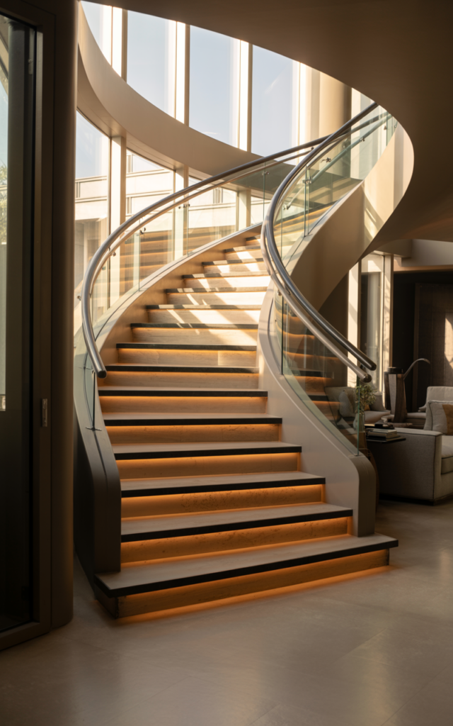 An elegant and natural-looking realistic photograph of a curved staircase foyer with subtle LED stair lighting installed along the risers, softly illuminating each tread and enhancing the curve decorated in contemporary style with natural lighting