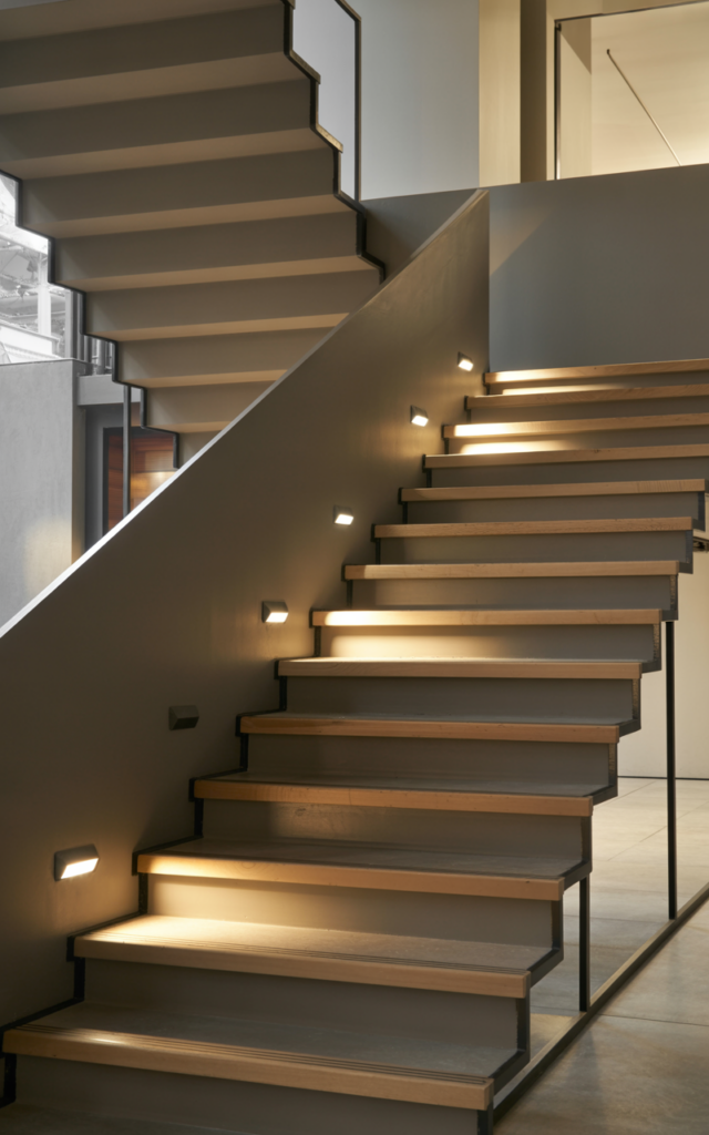 An elegant and natural-looking realistic photograph of a staircase illuminated by evenly spaced mini ceiling spotlights directed toward each step, casting focused beams across the stair path and highlighting the staircase structure, decorated in modern contemporary interior style with natural lighting