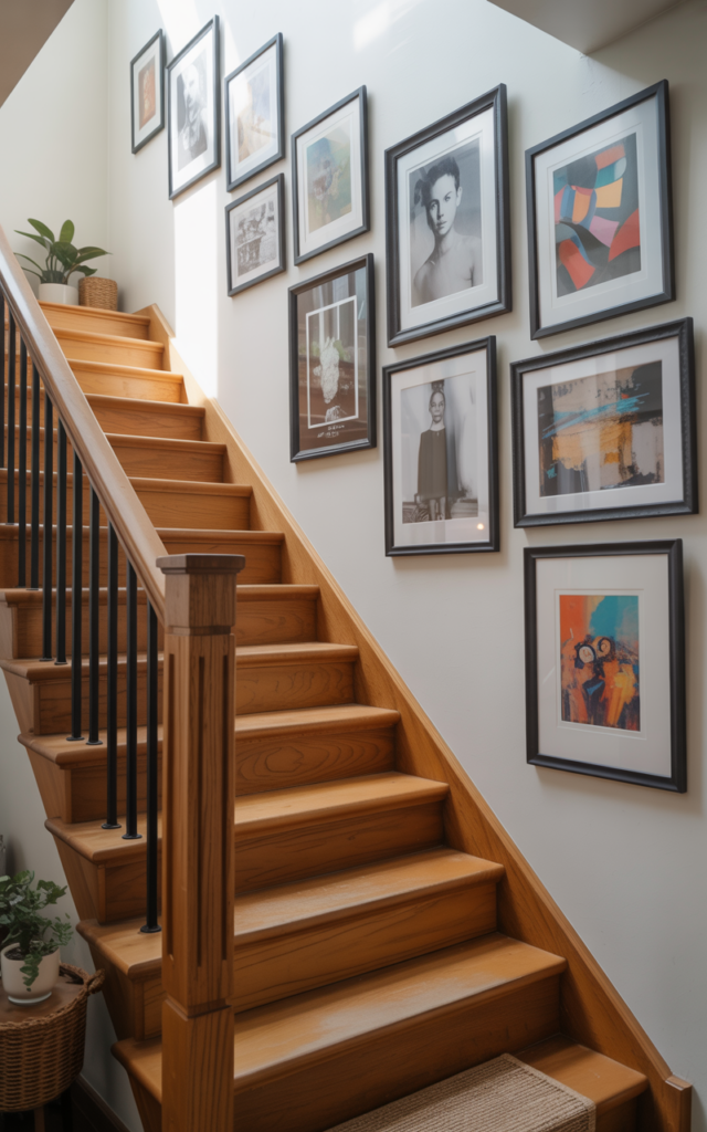 An elegant and natural-looking realistic photograph of an oak staircase lined with a curated gallery wall of black frames, family photos, and abstract art arranged upward along the wall decorated in eclectic contemporary style with natural lighting