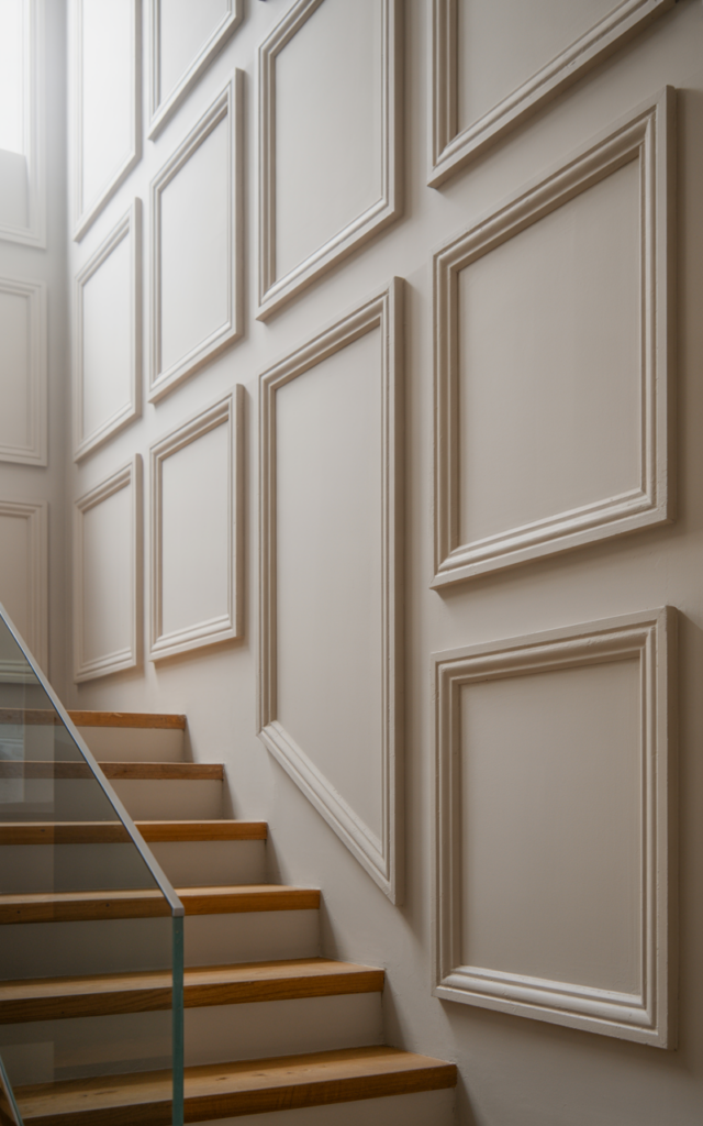 An elegant and natural-looking realistic photograph of a staircase wall with oversized square molding panels spaced widely along the wall beside a floating staircase with minimalist railing decorated in modern minimalist home decor style with natural lighting