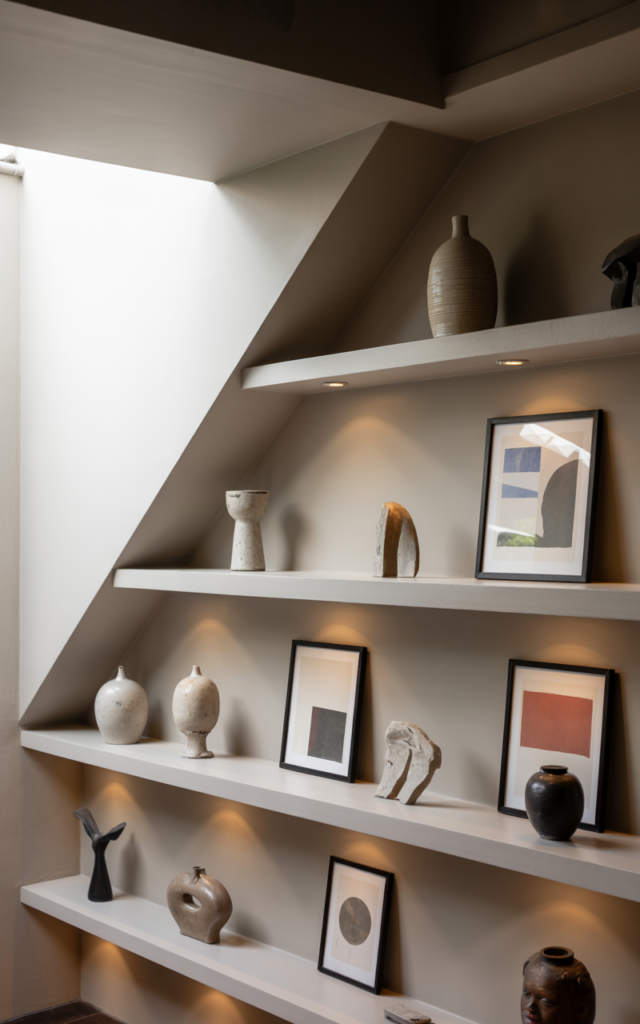 An elegant and natural-looking realistic photograph of an under-stair minimalist display gallery with floating shelves showcasing curated art pieces and ceramics with subtle spotlighting, decorated in modern minimalist style with natural lighting