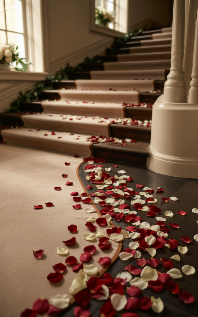An elegant and natural-looking realistic photograph of a wedding staircase with delicate red and ivory rose petals lightly scattered along the edges of each step creating a romantic pathway decorated in classic romantic wedding style with natural lighting