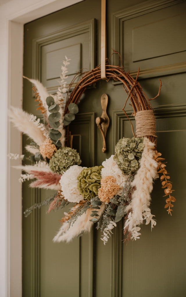 An elegant and natural-looking realistic photograph of a cozy front entry door displaying a wreath crafted from dried flowers including pampas grass and hydrangeas in muted tones decorated in rustic bohemian style with natural lighting