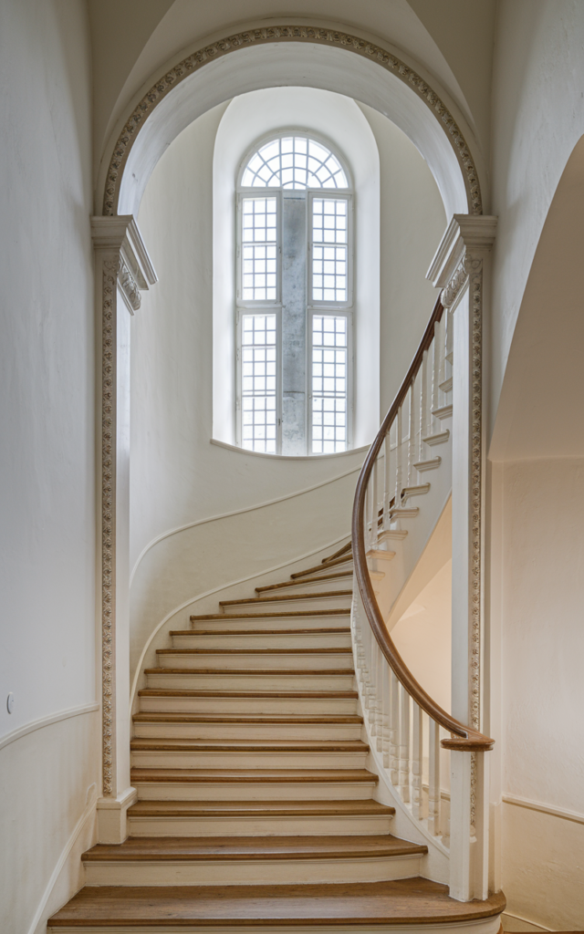An elegant and natural-looking realistic photograph of a staircase topped with a dramatic tall arched window, white walls and simple wooden steps emphasizing the curved frame decorated in classic European style with natural lighting