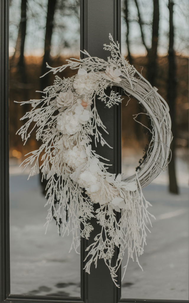 An elegant and natural-looking realistic photograph of a dark front door featuring an all-white winter wreath made of pale branches and soft white florals creating a dreamy snowy effect decorated in modern elegant style with natural lighting